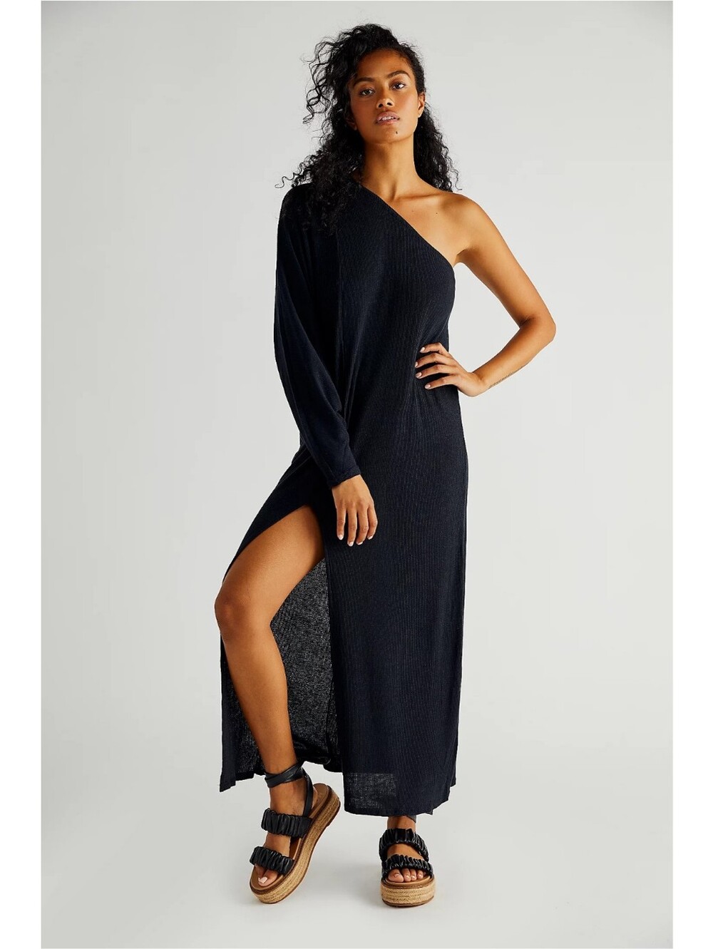 Free People Beach Kara Ribbed One Shoulder Midi Dress Black Nwot